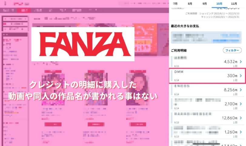 FANZAではクレジットの明細に購入した動画や同人の作品名が書かれる事はない